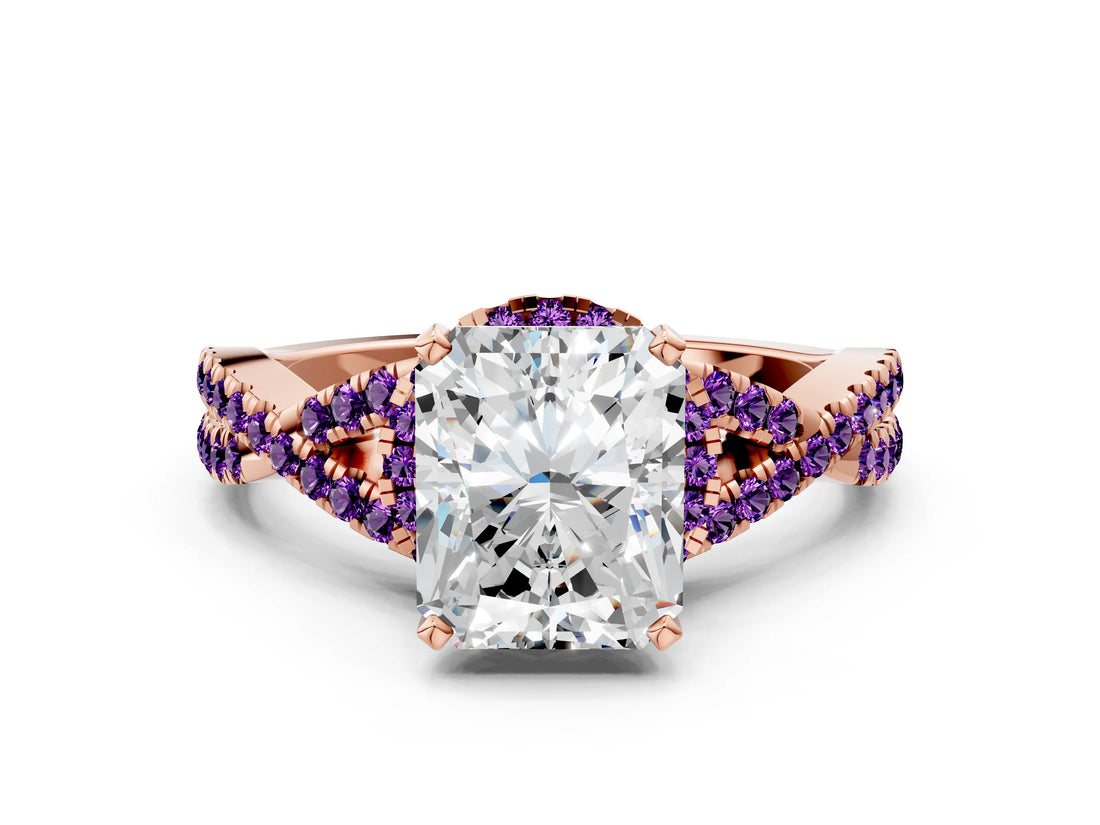 Rose gold Radiant Cut Diamond with Amethyst side stone Halo Twist Band Solitaire Prong Setting Ring_12
