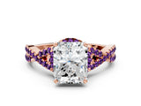 Rose gold Radiant Cut Diamond with Amethyst side stone Halo Twist Band Solitaire Prong Setting Ring_12