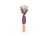 Rose gold Radiant Cut Diamond with Amethyst side stone Halo Twist Band Solitaire Prong Setting Ring_14