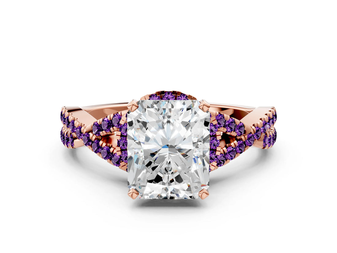 Rose gold Radiant Cut Diamond with Amethyst side stone Halo Twist Band Solitaire Prong Setting Ring_24