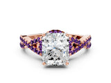 Rose gold Radiant Cut Diamond with Amethyst side stone Halo Twist Band Solitaire Prong Setting Ring_24