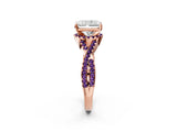 Rose gold Radiant Cut Diamond with Amethyst side stone Halo Twist Band Solitaire Prong Setting Ring_26