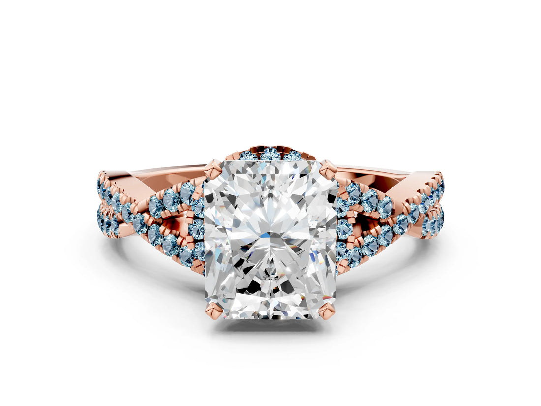 Rose gold Radiant Cut Diamond with Aquamarine side stone Halo Twist Band Solitaire Prong Setting Ring_24