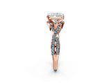 Rose gold Radiant Cut Diamond with Aquamarine side stone Halo Twist Band Solitaire Prong Setting Ring_26