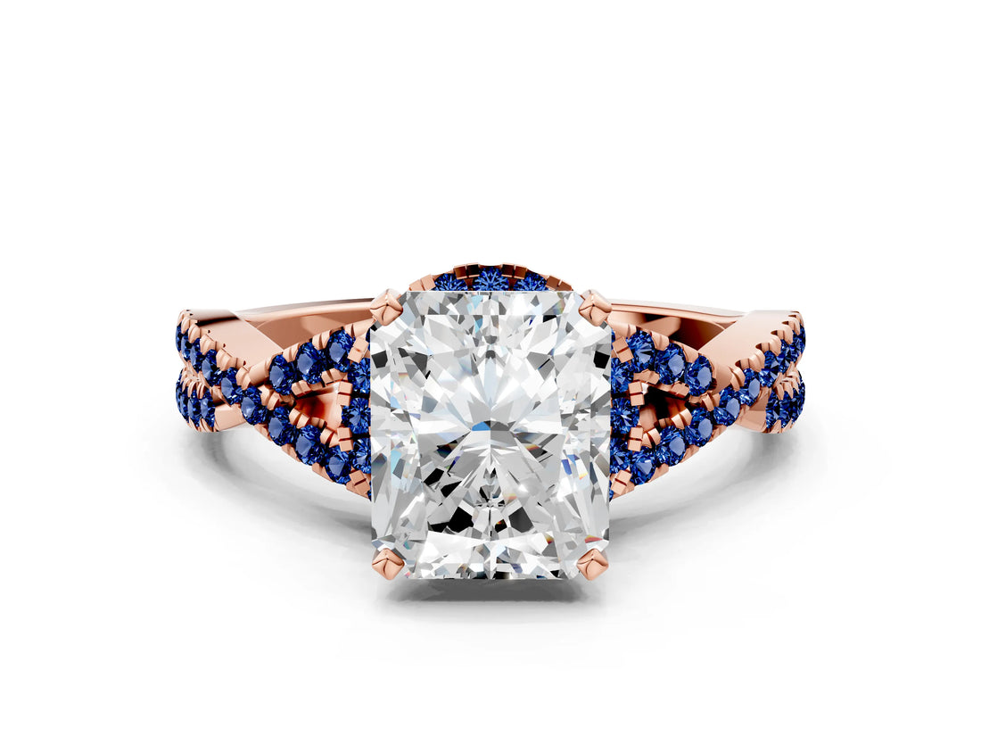 Rose gold Radiant Cut Diamond with Blue Sapphire side stone Halo Twist Band Solitaire Prong Setting Ring_12