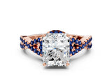 Rose gold Radiant Cut Diamond with Blue Sapphire side stone Halo Twist Band Solitaire Prong Setting Ring_12