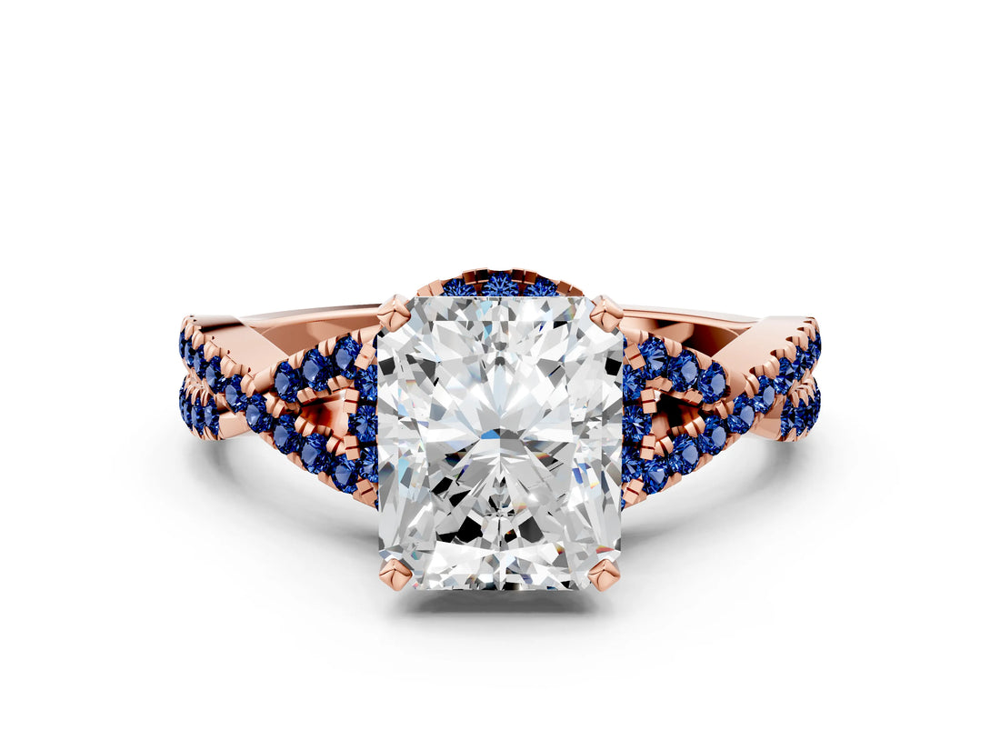 Rose gold Radiant Cut Diamond with Blue Sapphire side stone Halo Twist Band Solitaire Prong Setting Ring_36