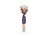 Rose gold Radiant Cut Diamond with Blue Sapphire side stone Halo Twist Band Solitaire Prong Setting Ring_38