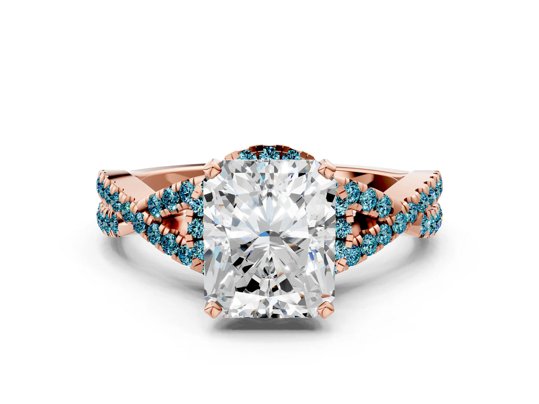 Rose gold Radiant Cut Diamond with Blue Topaz side stone Halo Twist Band Solitaire Prong Setting Ring_12