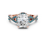 Rose gold Radiant Cut Diamond with Blue Topaz side stone Halo Twist Band Solitaire Prong Setting Ring_12
