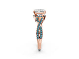 Rose gold Radiant Cut Diamond with Blue Topaz side stone Halo Twist Band Solitaire Prong Setting Ring_14