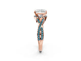Rose gold Radiant Cut Diamond with Blue Topaz side stone Halo Twist Band Solitaire Prong Setting Ring_26