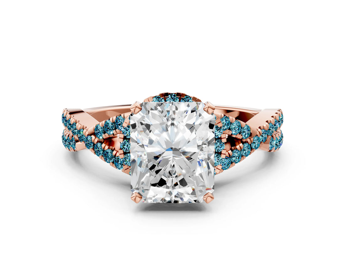 Rose gold Radiant Cut Diamond with Blue Topaz side stone Halo Twist Band Solitaire Prong Setting Ring_30