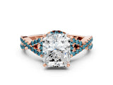 Rose gold Radiant Cut Diamond with Blue Topaz side stone Halo Twist Band Solitaire Prong Setting Ring_30