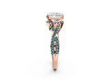 Rose gold Radiant Cut Diamond with Blue Topaz side stone Halo Twist Band Solitaire Prong Setting Ring_32