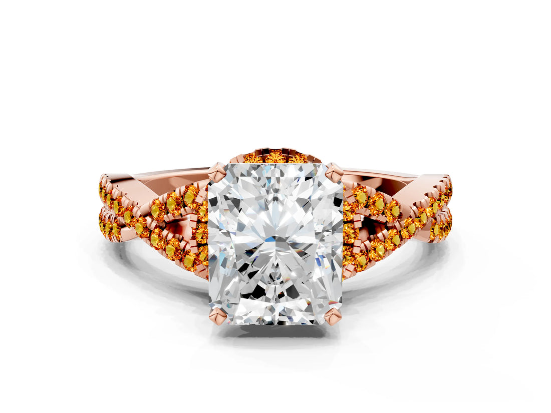 Rose gold Radiant Cut Diamond with Citrine side stone Halo Twist Band Solitaire Prong Setting Ring_12