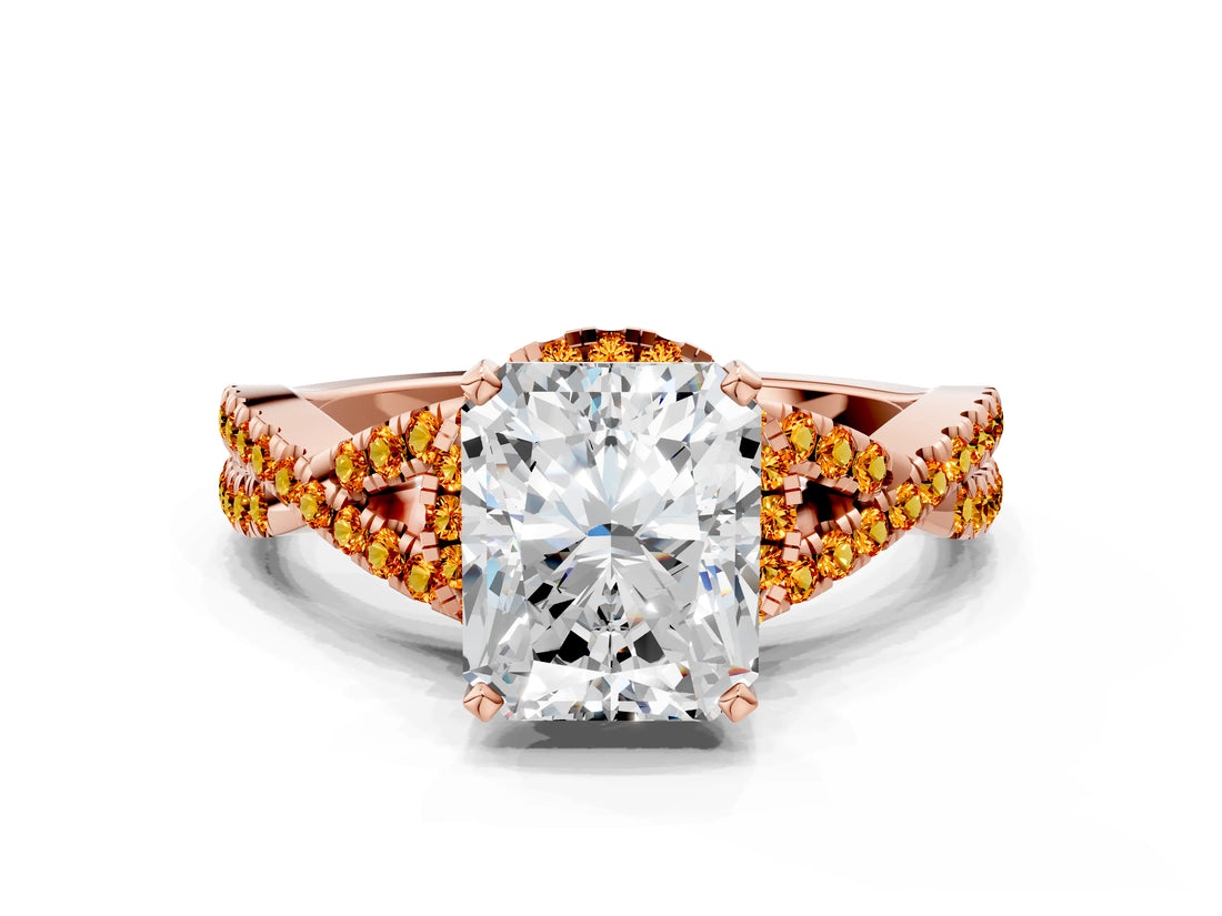 Rose gold Radiant Cut Diamond with Citrine side stone Halo Twist Band Solitaire Prong Setting Ring_30