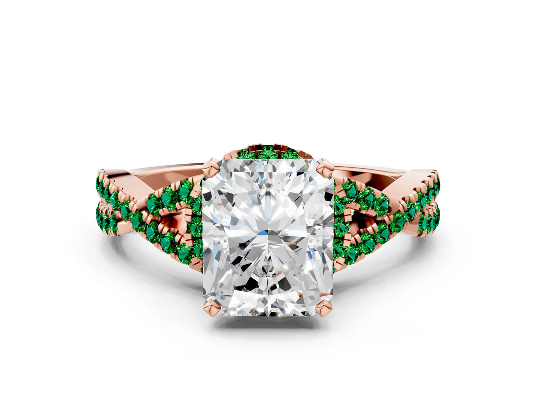 Rose gold Radiant Cut Diamond with Emerald side stone Halo Twist Band Solitaire Prong Setting Ring_12