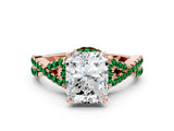 Rose gold Radiant Cut Diamond with Emerald side stone Halo Twist Band Solitaire Prong Setting Ring_24