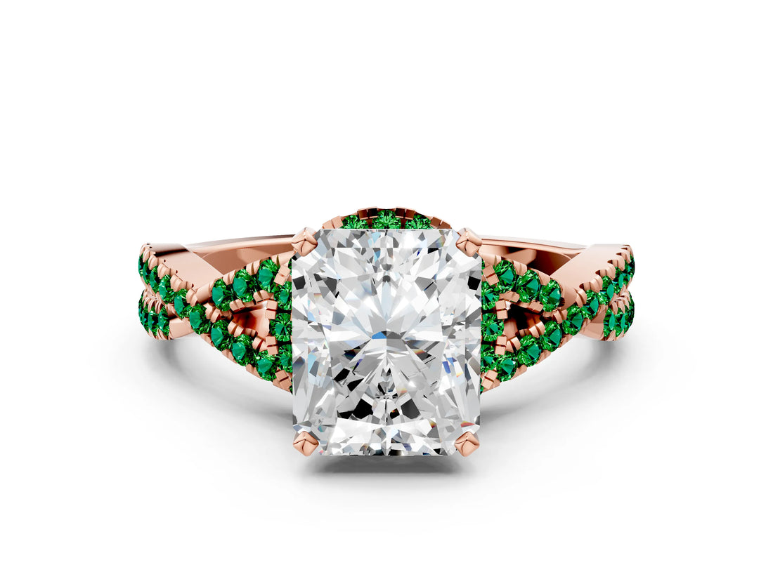 Rose gold Radiant Cut Diamond with Emerald side stone Halo Twist Band Solitaire Prong Setting Ring_30