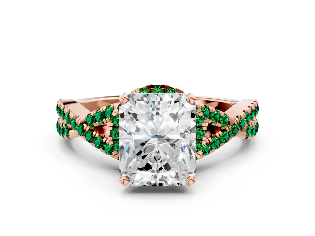 Rose gold Radiant Cut Diamond with Emerald side stone Halo Twist Band Solitaire Prong Setting Ring_42