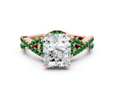 Rose gold Radiant Cut Diamond with Emerald side stone Halo Twist Band Solitaire Prong Setting Ring_42