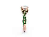 Rose gold Radiant Cut Diamond with Emerald side stone Halo Twist Band Solitaire Prong Setting Ring_44