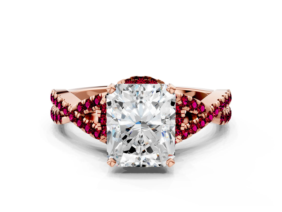 Rose gold Radiant Cut Diamond with Garnet side stone Halo Twist Band Solitaire Prong Setting Ring_12