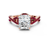 Rose gold Radiant Cut Diamond with Garnet side stone Halo Twist Band Solitaire Prong Setting Ring_12