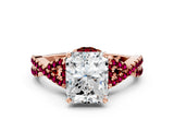 Rose gold Radiant Cut Diamond with Garnet side stone Halo Twist Band Solitaire Prong Setting Ring_24