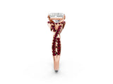 Rose gold Radiant Cut Diamond with Garnet side stone Halo Twist Band Solitaire Prong Setting Ring_26