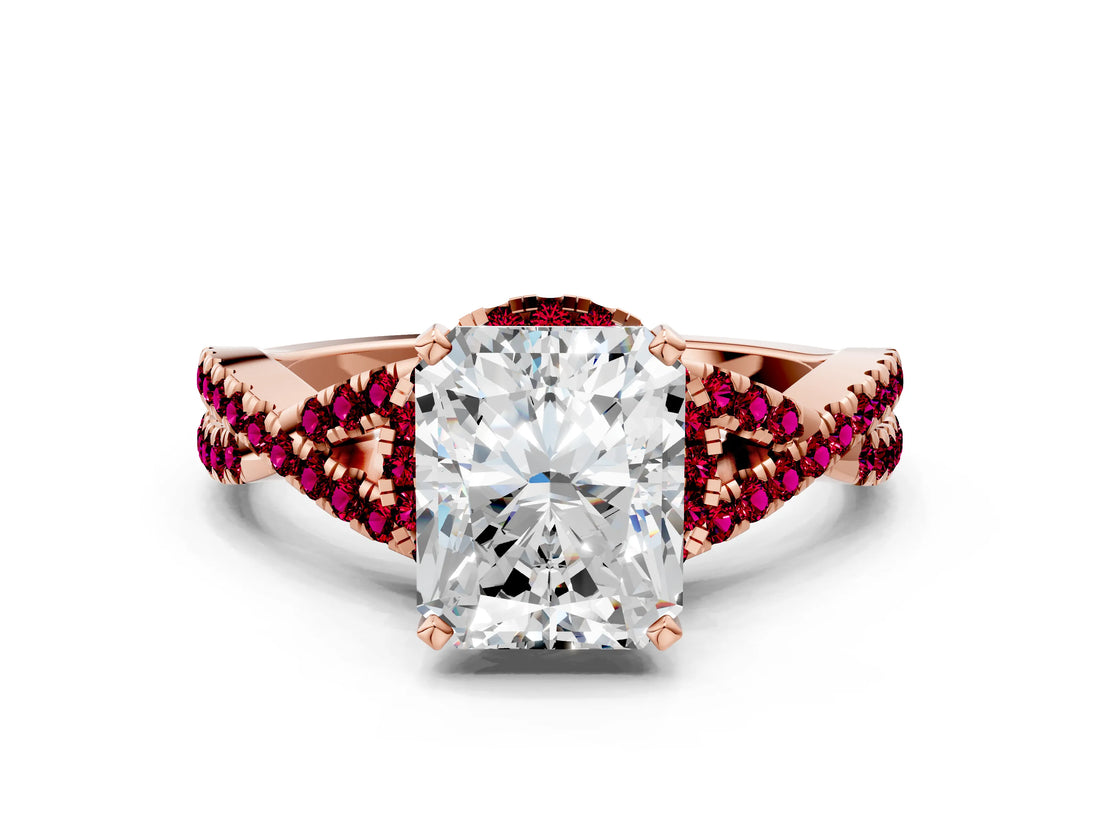 Rose gold Radiant Cut Diamond with Garnet side stone Halo Twist Band Solitaire Prong Setting Ring_30
