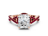 Rose gold Radiant Cut Diamond with Garnet side stone Halo Twist Band Solitaire Prong Setting Ring_30