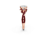 Rose gold Radiant Cut Diamond with Garnet side stone Halo Twist Band Solitaire Prong Setting Ring_32