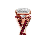 Rose gold Radiant Cut Diamond with Garnet side stone Halo Twist Band Solitaire Prong Setting Ring_35