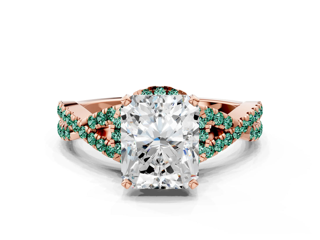 Rose gold Radiant Cut Diamond with Green Sapphire side stone Halo Twist Band Solitaire Prong Setting Ring_12