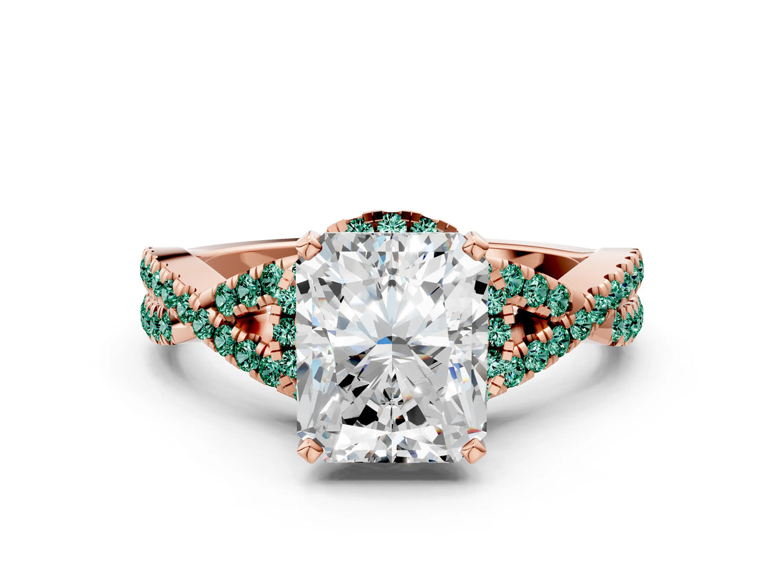 Rose gold Radiant Cut Diamond with Green Sapphire side stone Halo Twist Band Solitaire Prong Setting Ring_24
