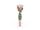 Rose gold Radiant Cut Diamond with Green Sapphire side stone Halo Twist Band Solitaire Prong Setting Ring_26