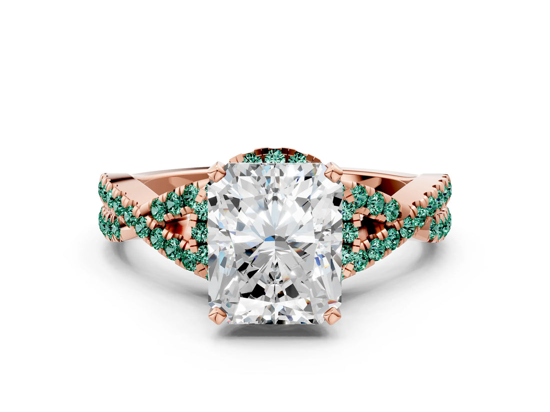 Rose gold Radiant Cut Diamond with Green Sapphire side stone Halo Twist Band Solitaire Prong Setting Ring_36