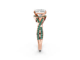Rose gold Radiant Cut Diamond with Green Sapphire side stone Halo Twist Band Solitaire Prong Setting Ring_38