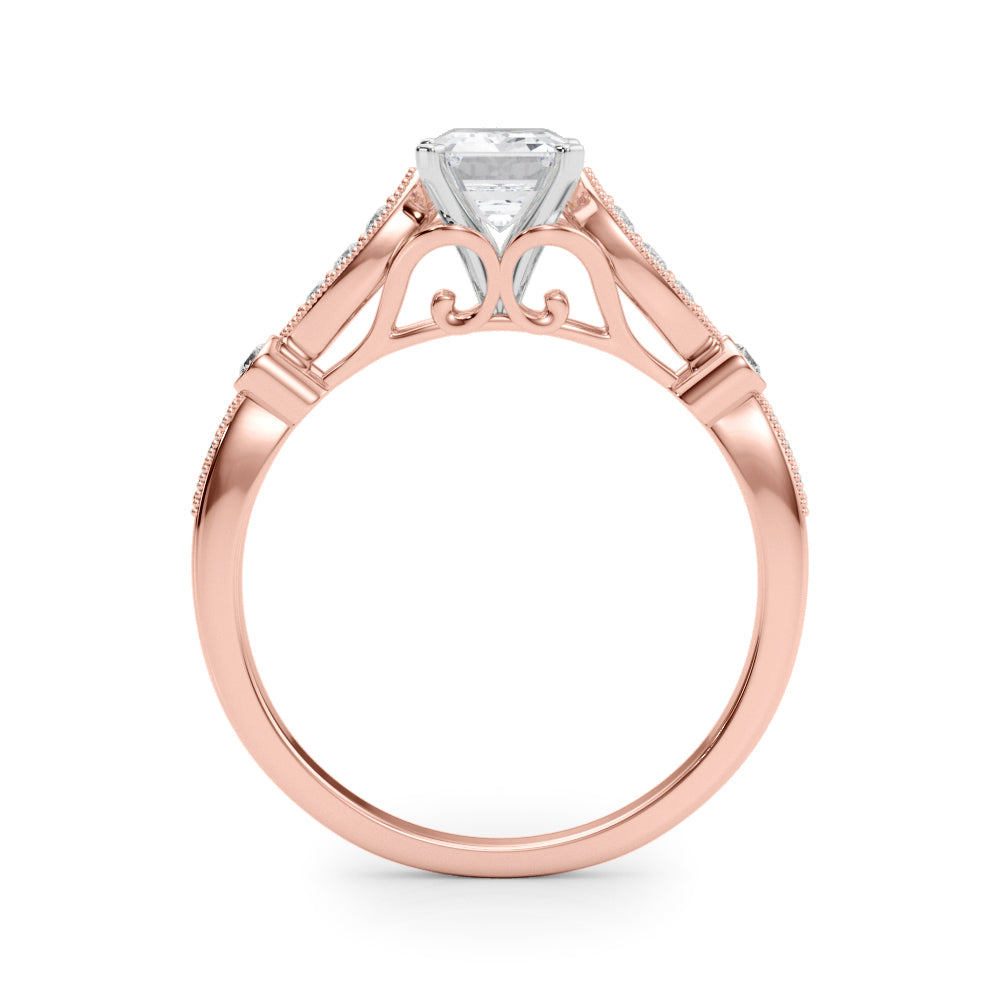 Rose gold Radiant Cut Diamond with Milgrain Marquise and Bezel Accents on a Solitaire Band with Prong Setting 1
