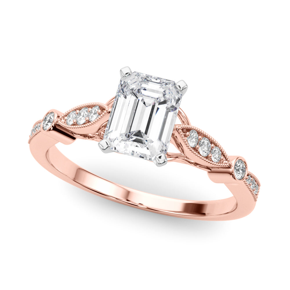 Rose gold Radiant Cut Diamond with Milgrain Marquise and Bezel Accents on a Solitaire Band with Prong Setting 2