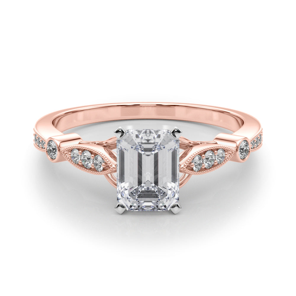 Rose gold Radiant Cut Diamond with Milgrain Marquise and Bezel Accents on a Solitaire Band with Prong Setting