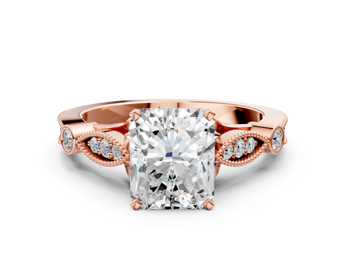 Rose gold Radiant Cut Diamond with Milgrain Marquise and Bezel Accents on a Solitaire Band with Prong Setting_208