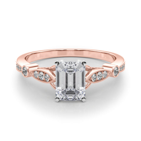 Rose gold Radiant Cut Diamond with Milgrain Marquise and Bezel Accents on a Solitaire Band with Prong Setting