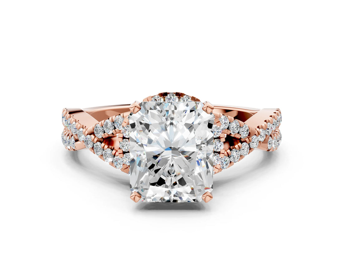 Rose gold Radiant Cut Diamond with Moissanite side stone Halo Twist Band Solitaire Prong Setting Ring_12