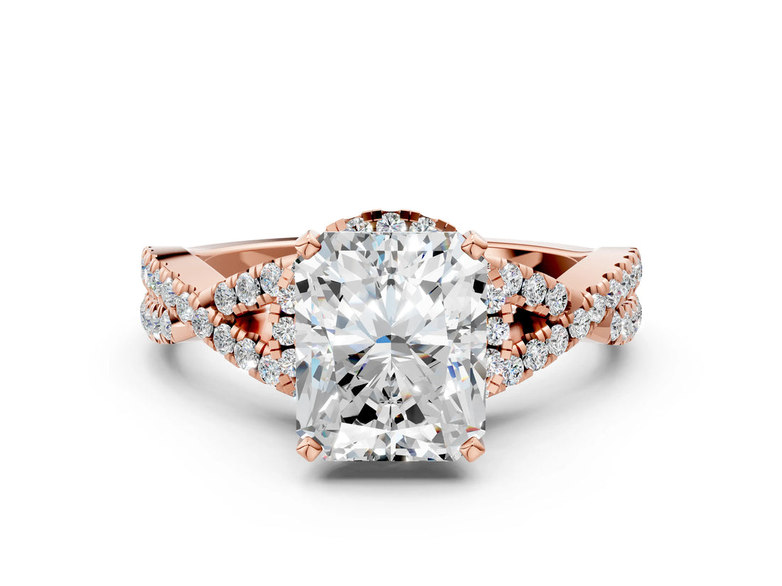 Rose gold Radiant Cut Diamond with Moissanite side stone Halo Twist Band Solitaire Prong Setting Ring_30