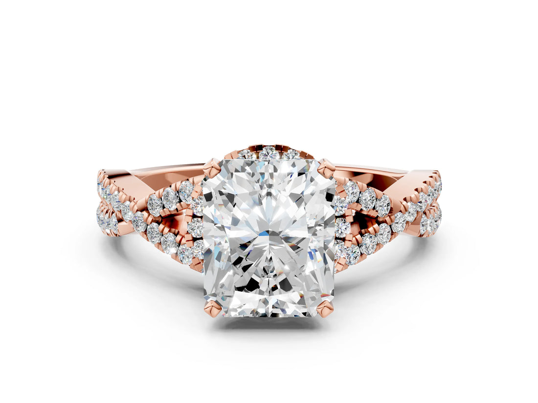 Rose gold Radiant Cut Diamond with Moissanite side stone Halo Twist Band Solitaire Prong Setting Ring_42