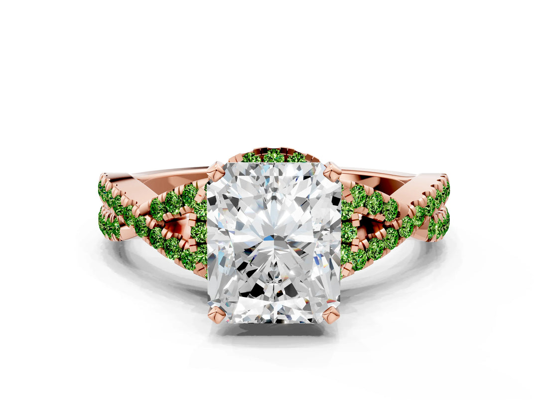 Rose gold Radiant Cut Diamond with Peridot side stone Halo Twist Band Solitaire Prong Setting Ring_12