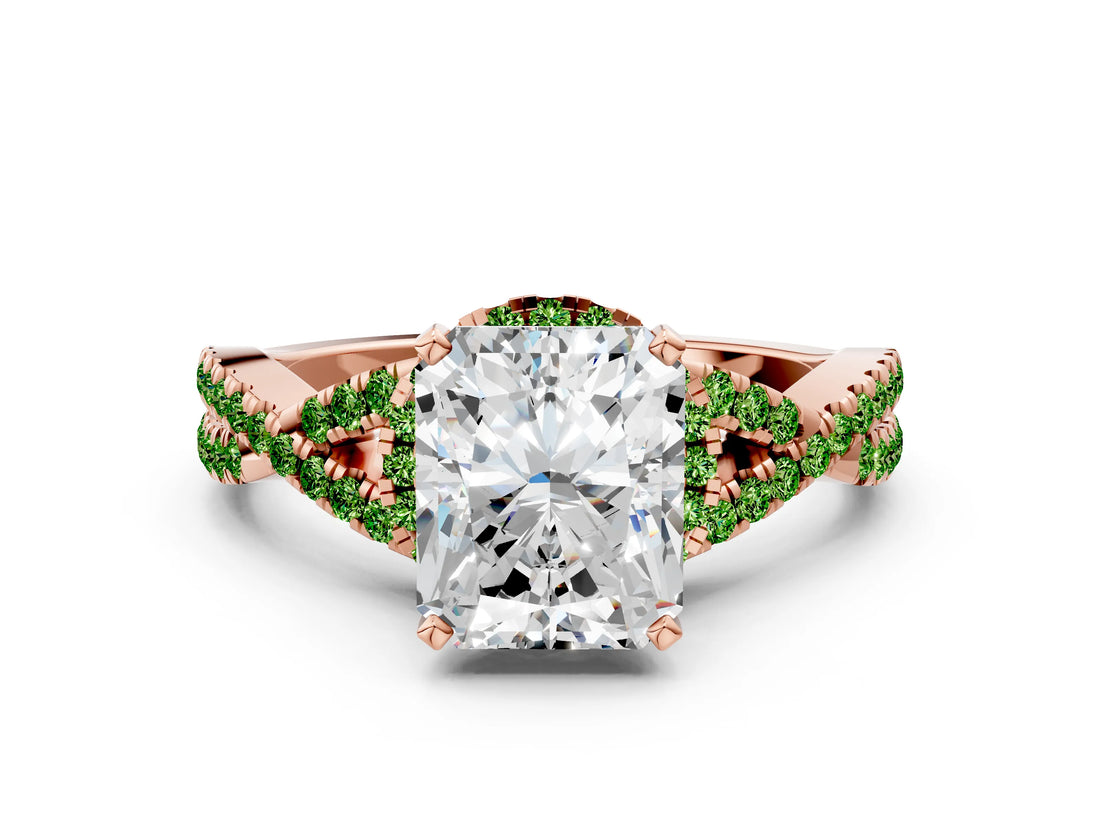 Rose gold Radiant Cut Diamond with Peridot side stone Halo Twist Band Solitaire Prong Setting Ring_24